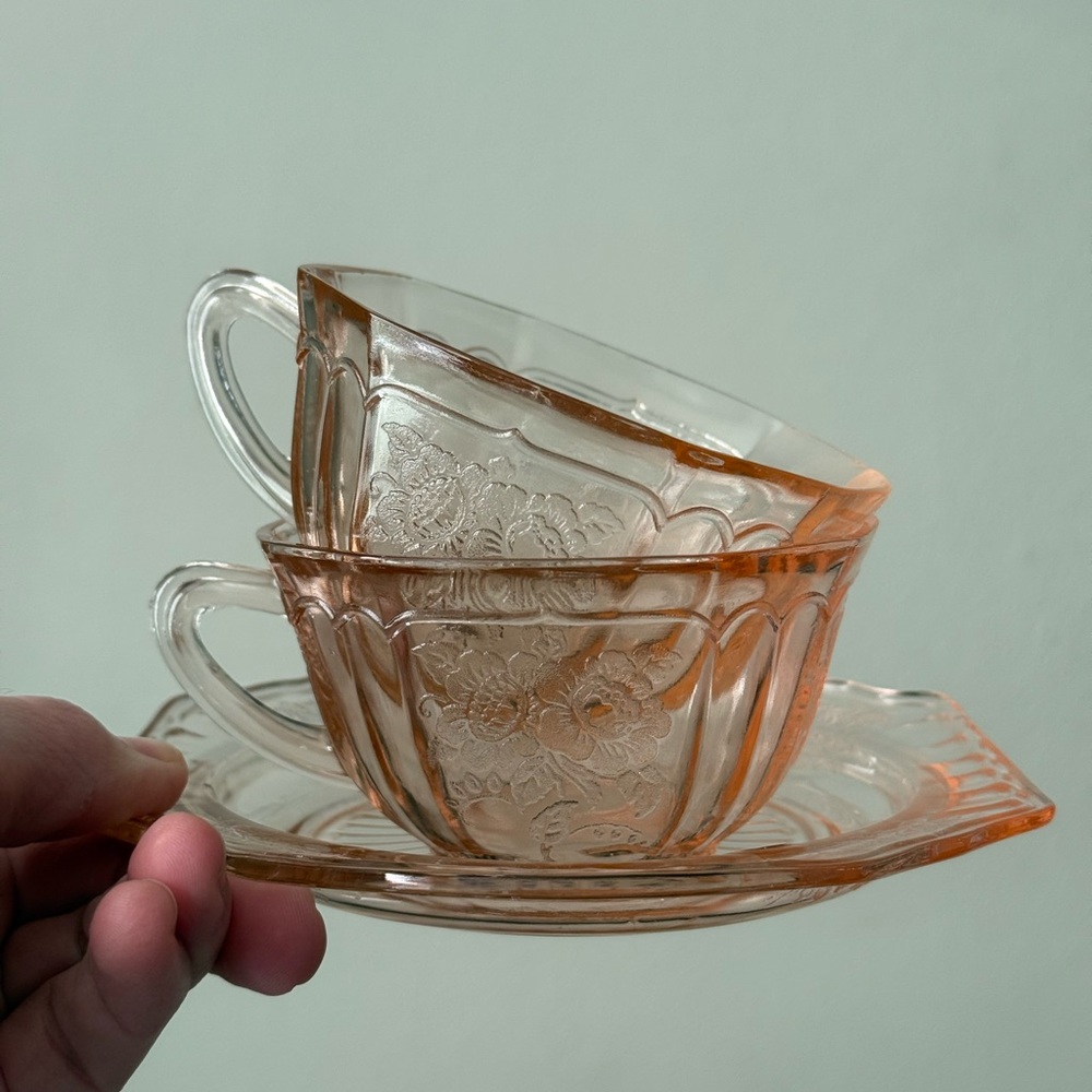 Vintage Pink Depression Glass set of 2 Teacups & Saucer Mayfair Pink